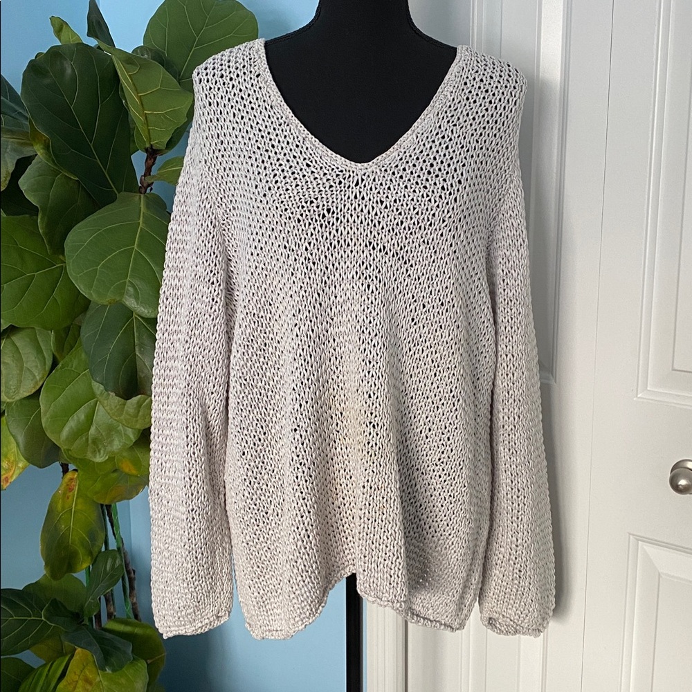 J.Jill 2X Knit Grey And Sparkly V-Neck Long Sleeve Sweater